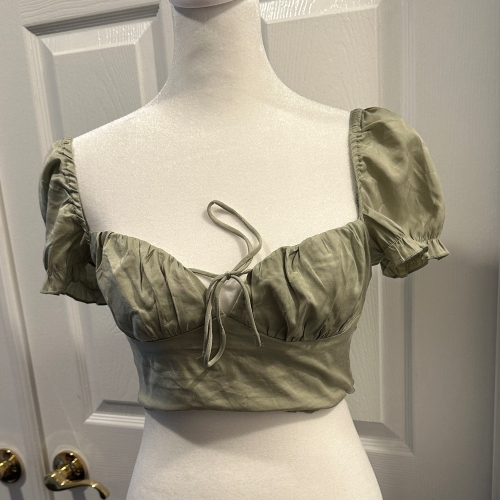 Princess Polly Sage Green Puff Sleeve Crop Top